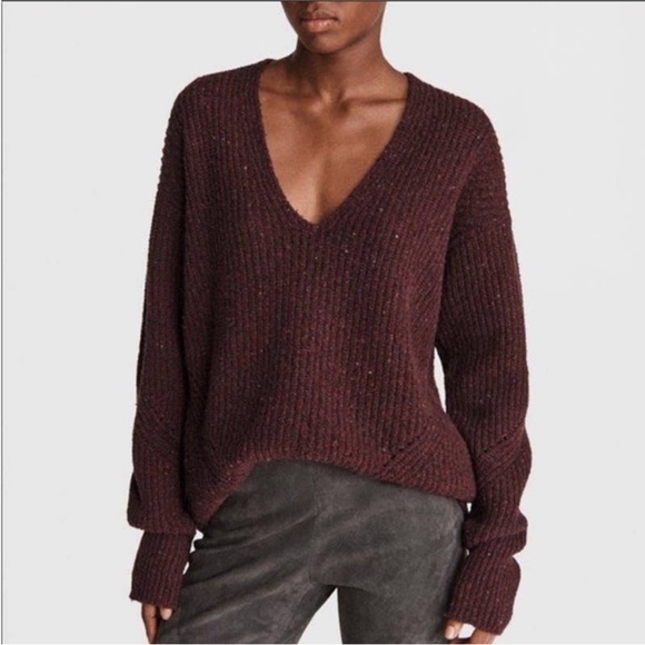 NWT RAG & BONE Eco Donegal V-Neck Sweater in Burgundy Size XS Slouchy Fit